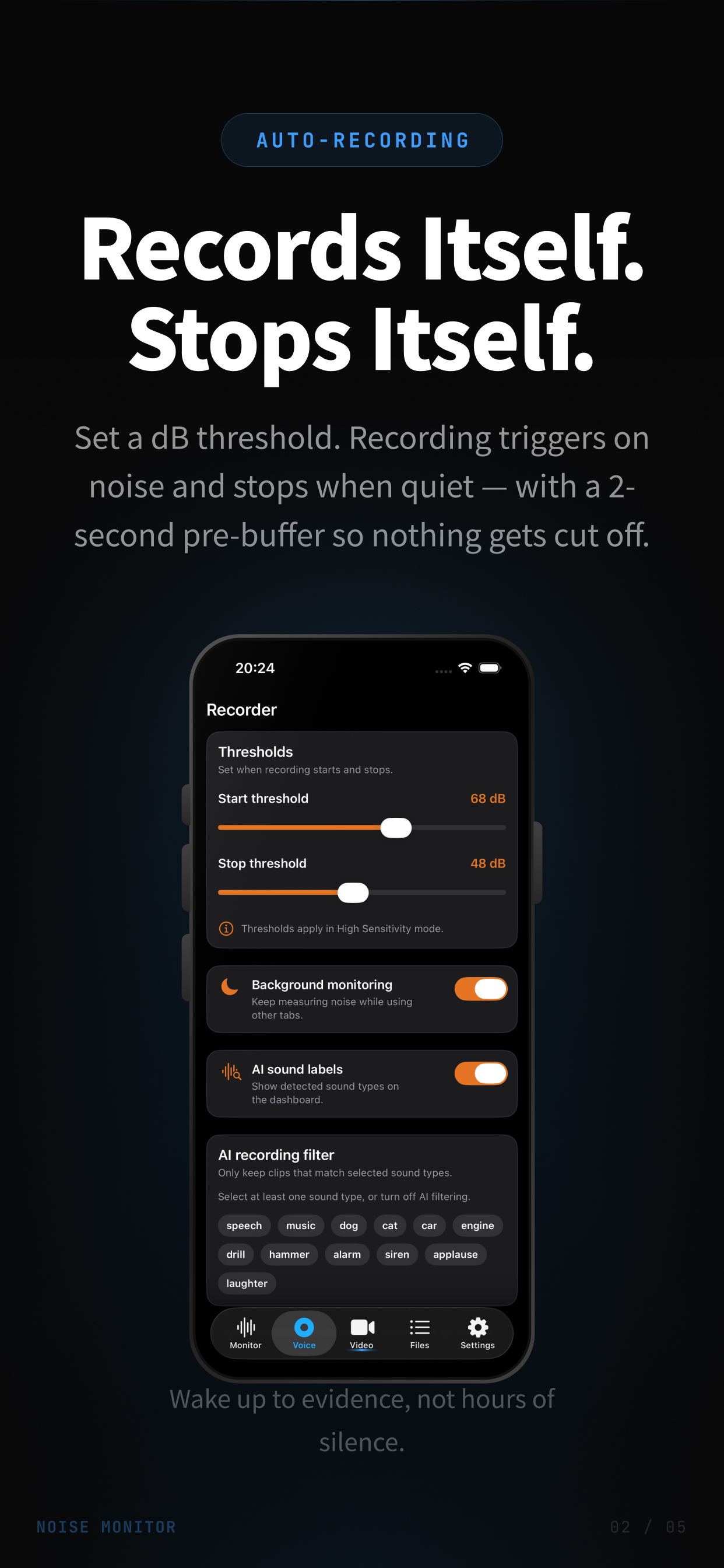Decibel Meter voice-activated recording with dB thresholds, background monitoring, and AI sound filters