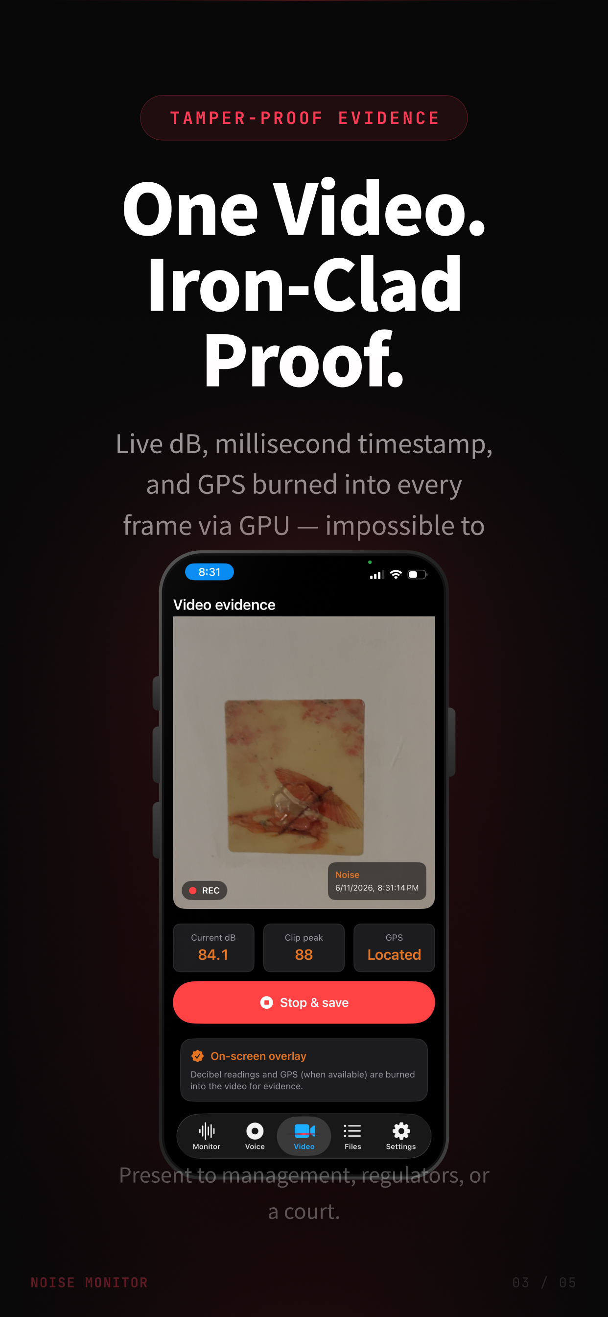 Decibel Meter video evidence with decibel, timestamp, and GPS burned into every frame
