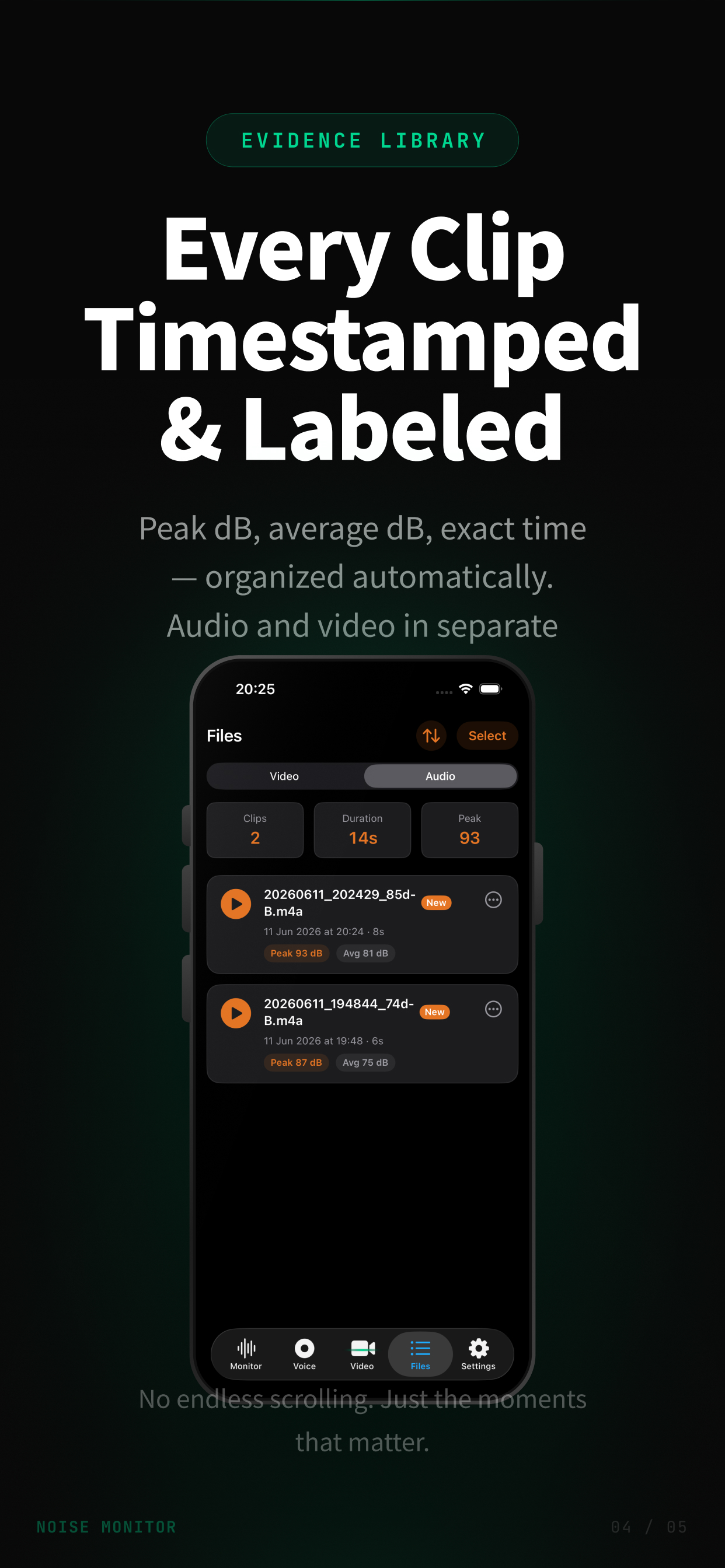 Decibel Meter files library — timestamped audio and video clips with peak and average dB labels