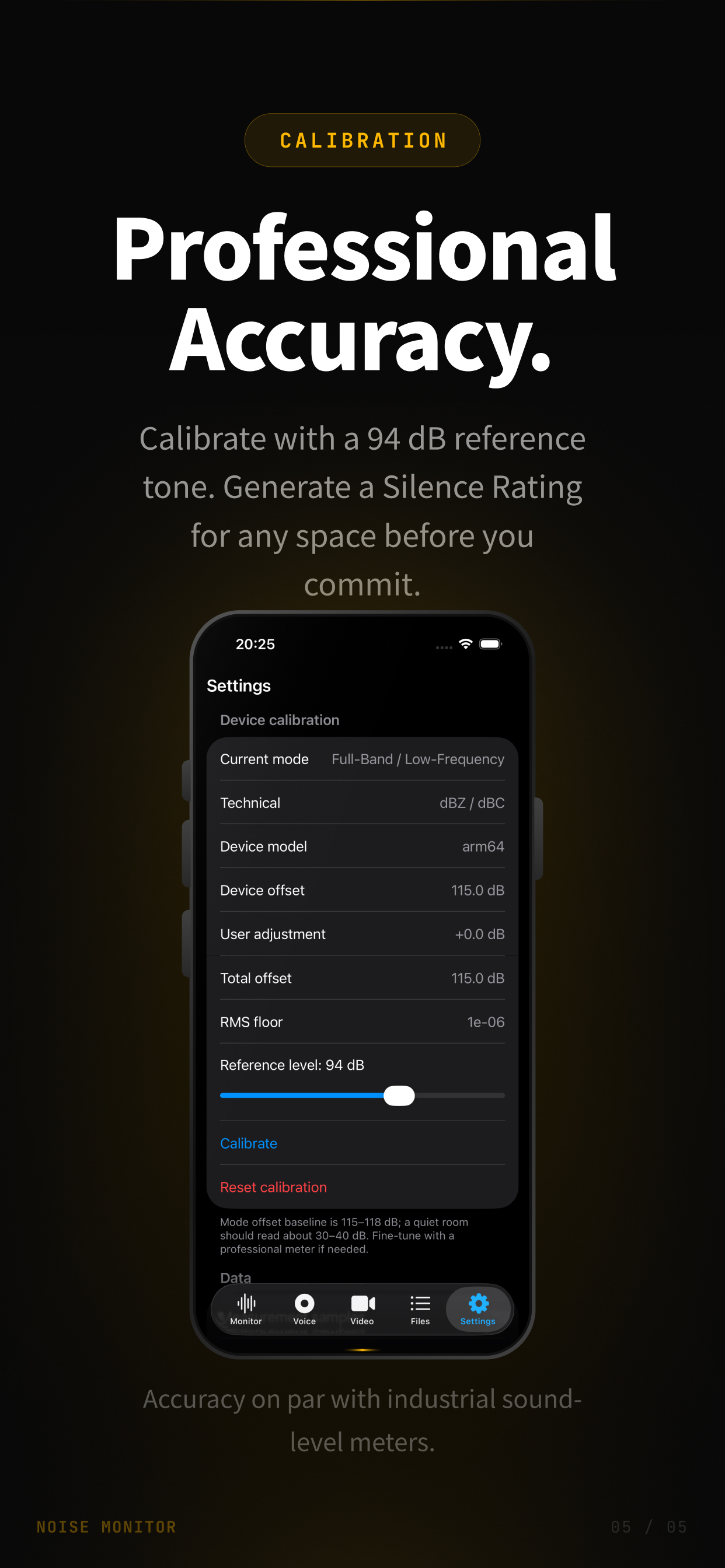 Decibel Meter settings — device calibration with 94 dB reference and silence rating